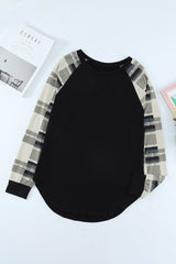 Monochrome Plaid Long Sleeves Black Pullover Top