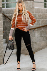 Brown Contrast Spliced Colorblock Cuffed Rib Knit Top