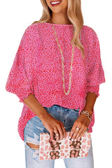 Pink Leopard Puff Sleeve Shirred Cuffs Oversized Blouse