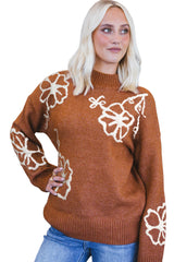 Chestnut Casual Floral Applique Knitted Round Neck Sweater