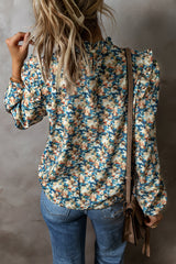 Sky Blue Floral Print Frill Neck Puff Sleeve Blouse