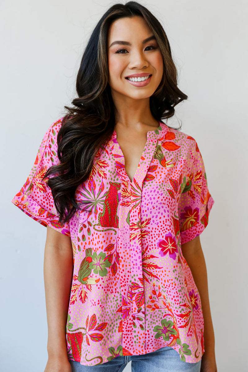 Rose Spotted Jungle Print V Neck Boho Blouse