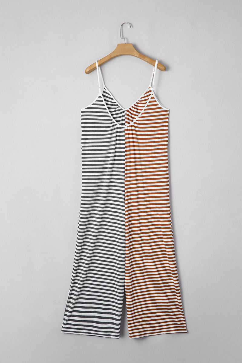 Yellow Stripe Color Block Spaghetti Strap Backless Overall