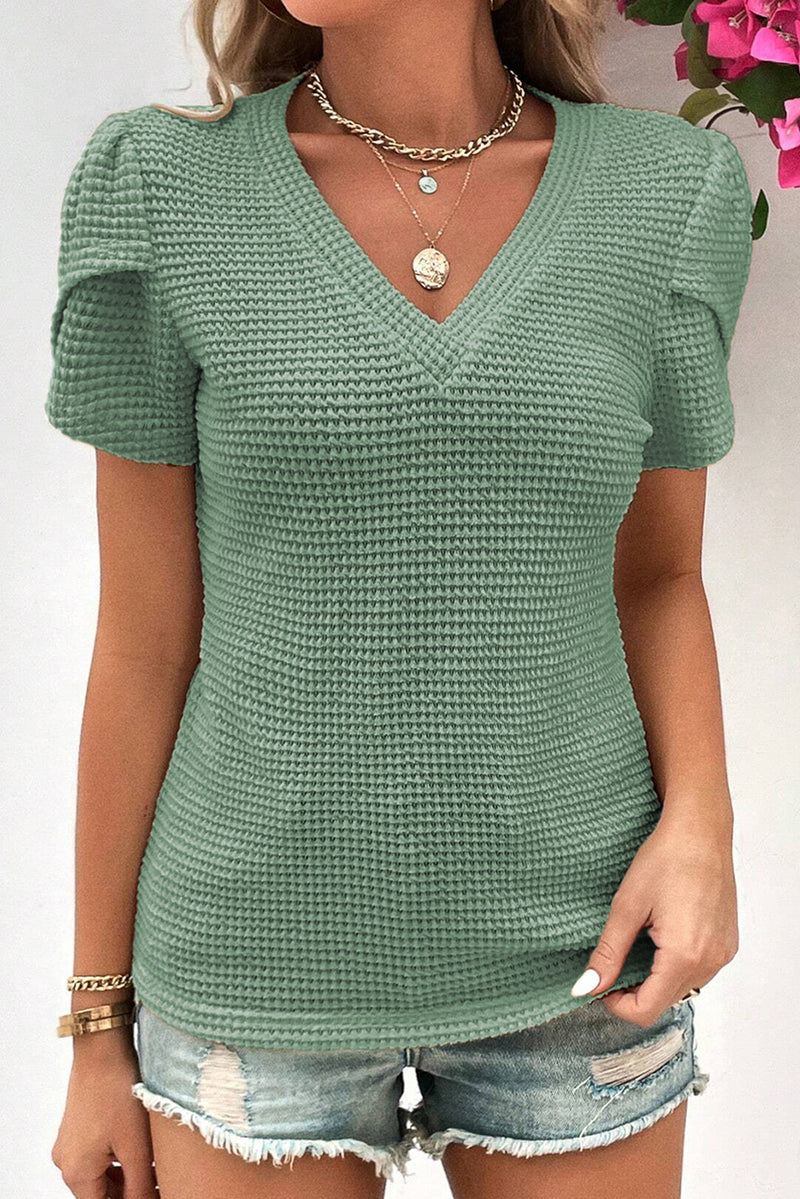 Mist Green Tulip Sleeve Waffle Knit V Neck T-Shirt