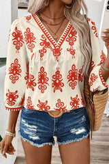 Orange Ethnic Abstract Print Puff Sleeve V Neck Blouse