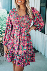 Purple Floral Print Long Sleeve Flounce Hem V Neck Smocked Dress