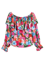 Multicolor Bohemian Floral Print Shirred Ruffle Off Shoulder Blouse