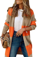 Orange Colorblock Ribbed Knit Open Front Cardigan