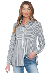 Blue Striped Chic Pockets Roll Up Sleeve Buttons Front Shirt