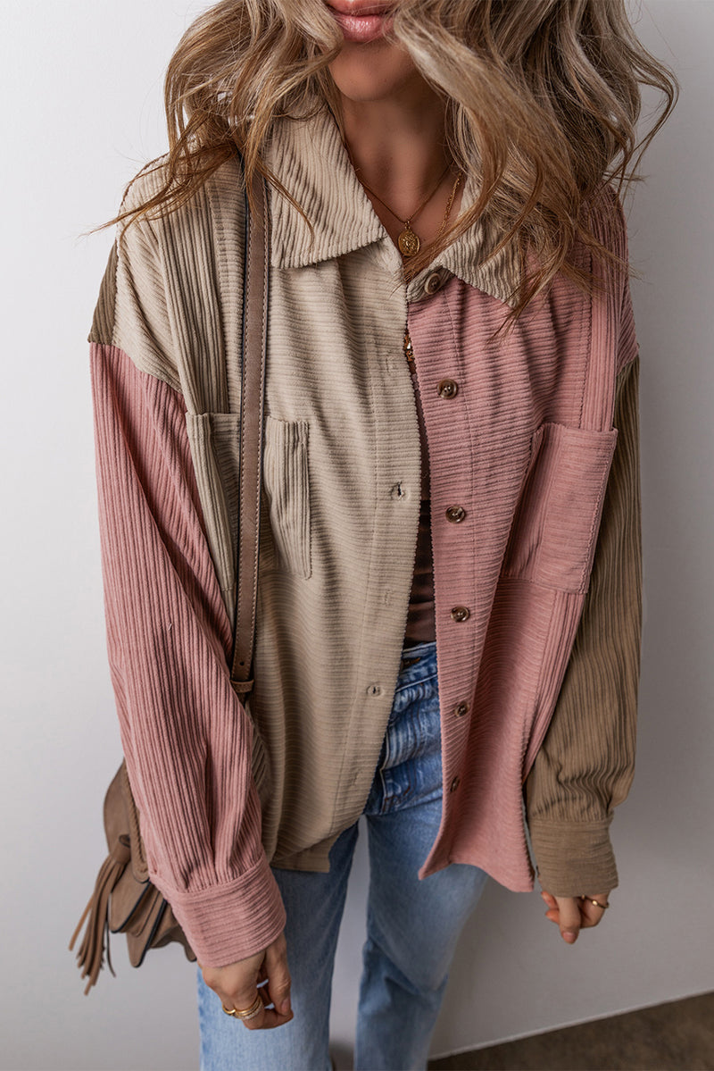 Brown Patchwork Chest Pockets Buttoned Corduroy Shacket