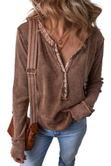 Coffee Patchwork V Neck Waffle Knit Top