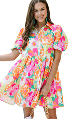 Green Floral Puff Sleeve Buttoned Babydoll Dress