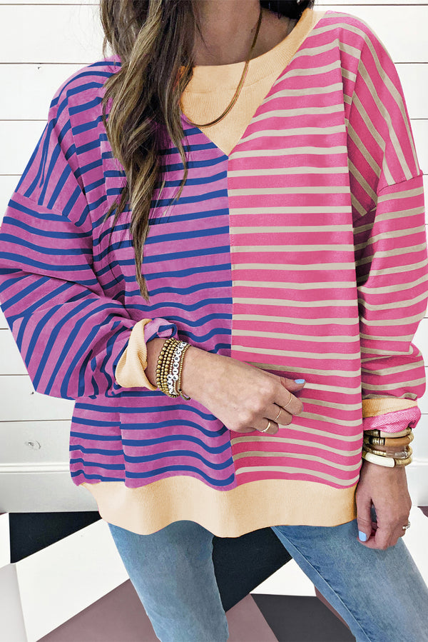 Pink Stripe Colorblock Drop Shoulder Oversize Sweatshirt