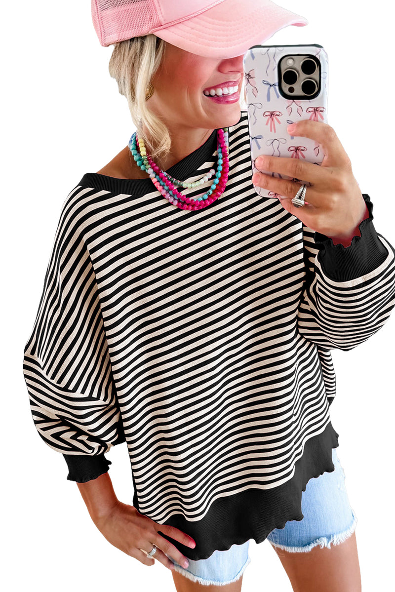 Green Stripe Drop Shoulder Long Sleeve Top