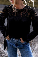 Black Lace Crochet Patchwork O Neck Top