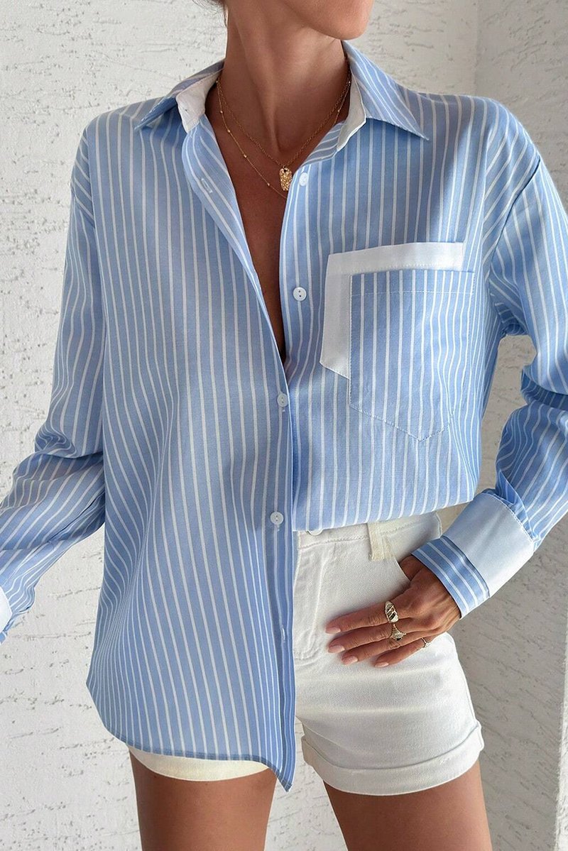 Sky Blue Stripe Contrast Patch Pocket Casual Shirt