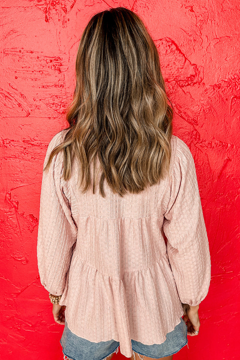 Light Pink Textured Lace Up V Neck Tiered Flowy Blouse