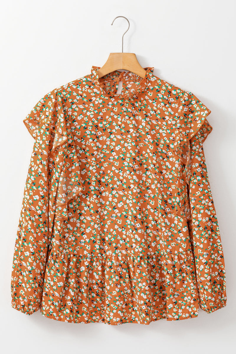 Orange Ditsy Floral Boho Ruffle Long Sleeve Blouse