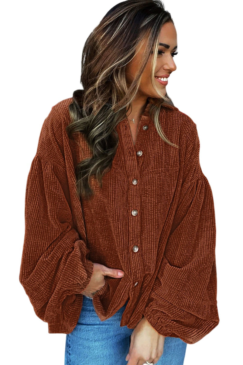 Coffee Corduroy Button Up Lantern Sleeve Jacket