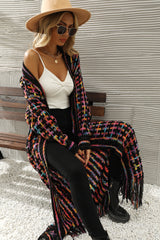 Black Plaid Fringe Hem Long Knit Cardigan