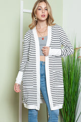 White Striped Side Pockets Open Front Long Cardigan