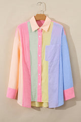 Pink Stripe Color Block Buttoned Oversized Shirt