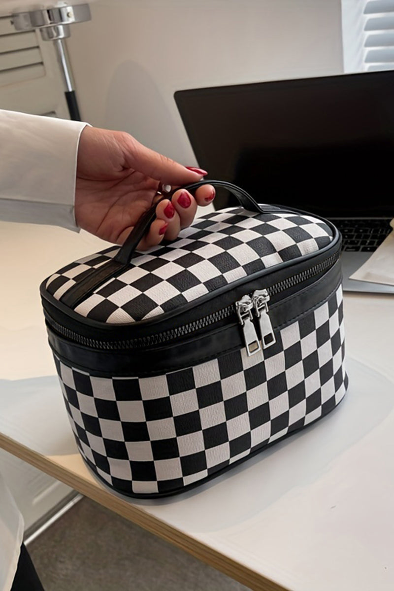 Black Checkered Zipper Large Cosmetic Bag with Handle