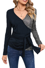 Black and Animal Print Color Block Long Sleeve Wrap Top