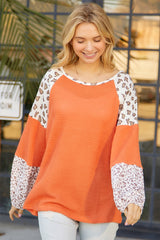 Orange Casual Waffle Leopard Patchwork Sleeve Knit Top