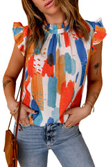 Multicolor Abstract Print Ruffled Sleeveless Blouse for Women