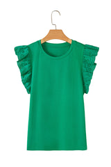 Dark Green Embroidered Ruffle Slim Fit Crew Neck Top