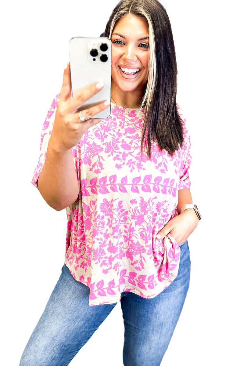 White Floral Print Rounded Hem Plus Size T Shirt