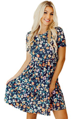 Blue Boho Floral A Line Smocked Waist Mini Dress