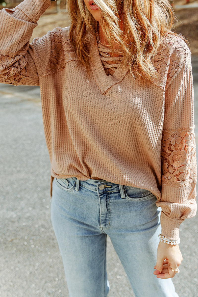 Apricot Lace and Waffle Knit Crisscross Straps V Neck Long Sleeve Top