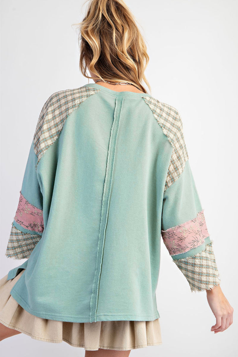 Aqua Plaid Floral Patchwork Heart Long Sleeve Top