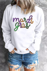 White Sequin mardi gras Graphic Crewneck Pullover Sweatshirt