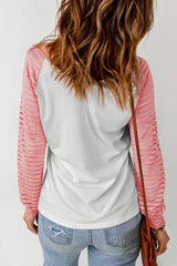 White and Pink V Neck Pullover Long Sleeve Shirt