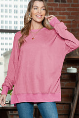 Pink Plain Drop Shoulder Ribbed Trim Oversized Sweatshirt