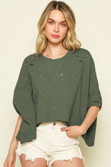 Green Half Sleeve Distressed Asymmetrical Top