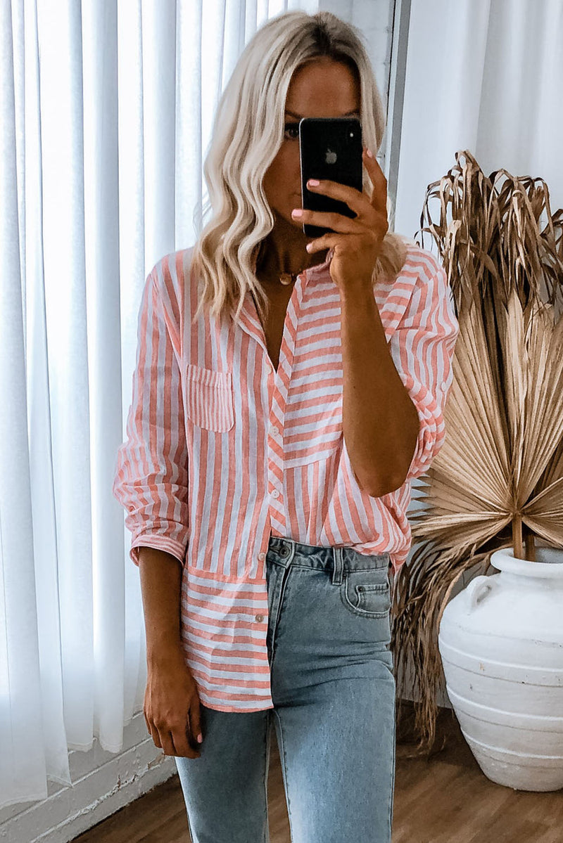 Pink Stripe Buttoned Oversized Long Sleeve Shirt