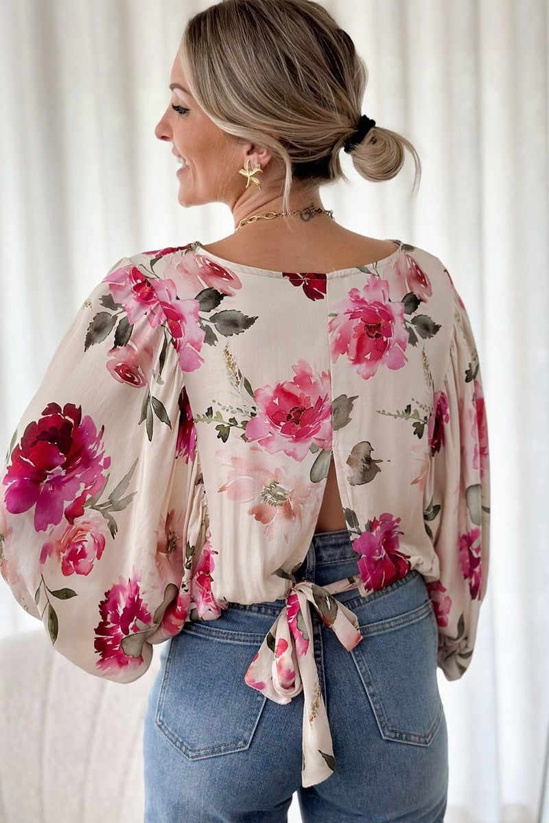 Rose Floral 3/4 Sleeve Lace-up Back Blouse