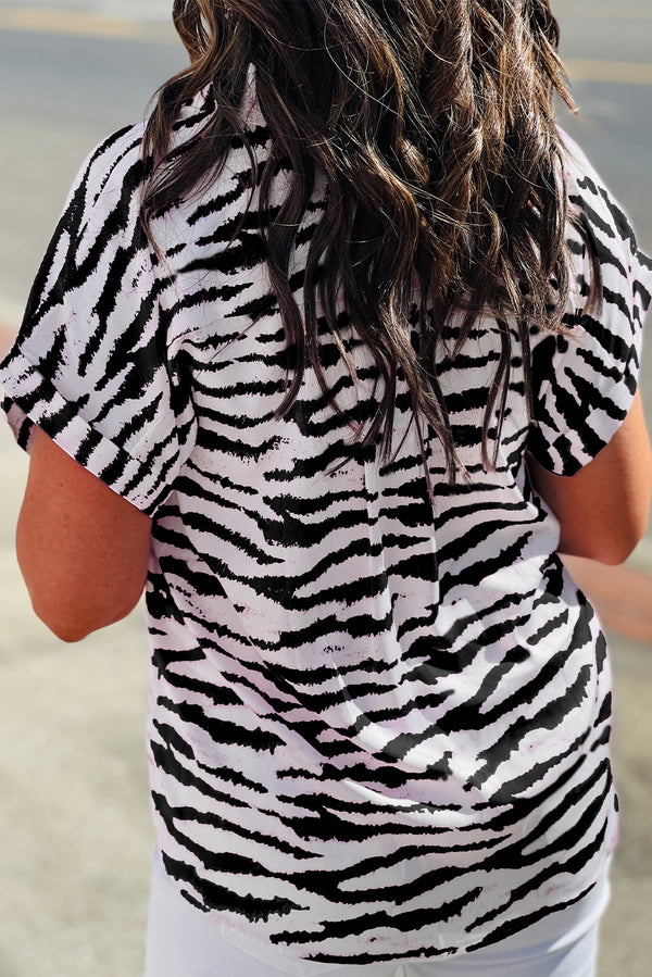 Black Zebra Print V-Neck Rolled Up Sleeve Blouse