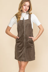 Brown Pockets Zip Up Ribbed Overall Dress