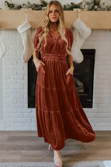 Chestnut Elegant Velvet Shirred Waist Tiered Maxi Dress