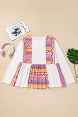 White Geometric Patchwork Long Sleeve Ruffle Babydoll Top