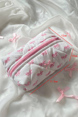 Pink Bow Knot Quilted Zipper Makeup Bag