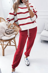 Red Striped Drop Shoulder Pullover and Joggers Set