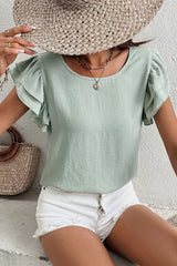 Clearly Aqua Solid Color Ruffle Sleeve Crinkled Blouse