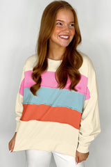 White Colorblock Patchwork Drop Sleeve Sweatshirt