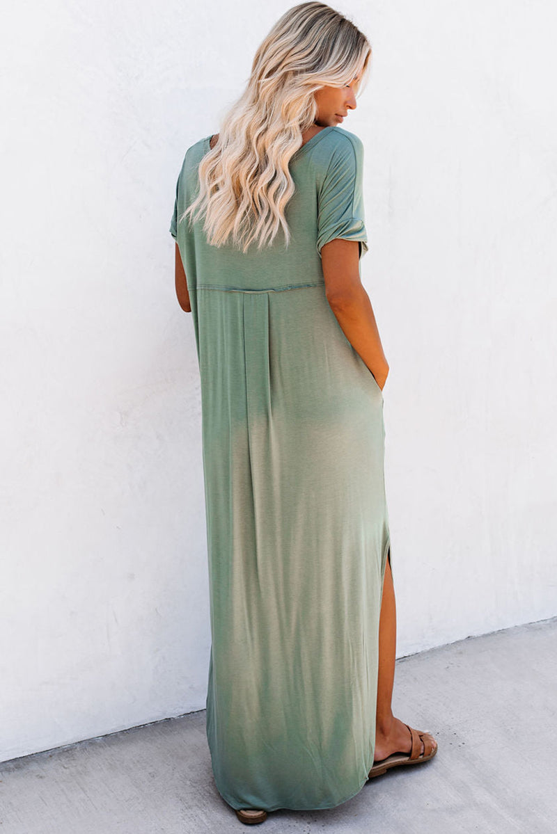 Grass Green Solid Color Hidden Pocket V Neck Slit Maxi Dress